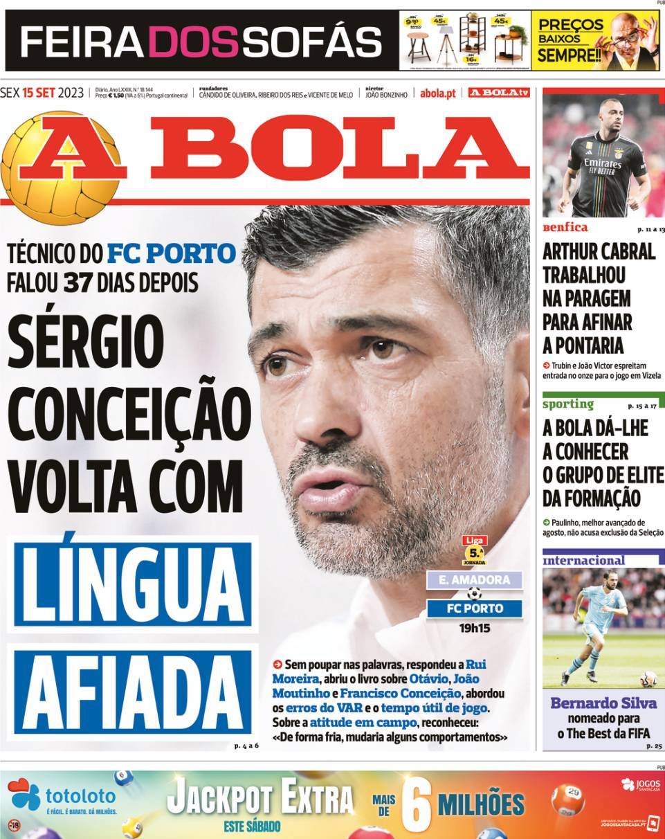 A Bola: Capa da Edi&ccedil;&atilde;o de sexta-feira, 15 de setembro 2023