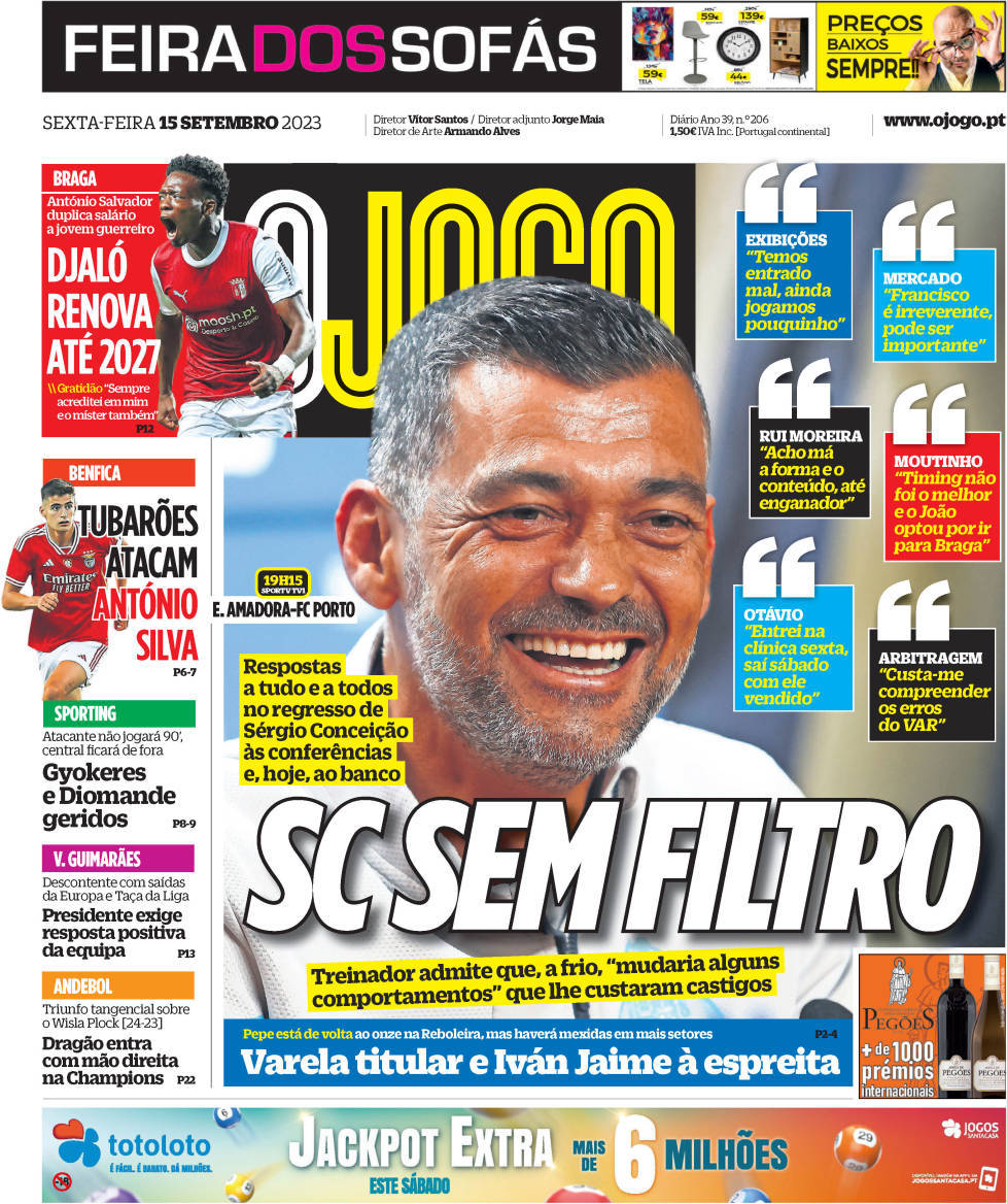 O Jogo: Capa da Edi&ccedil;&atilde;o de sexta-feira, 15 de setembro 2023