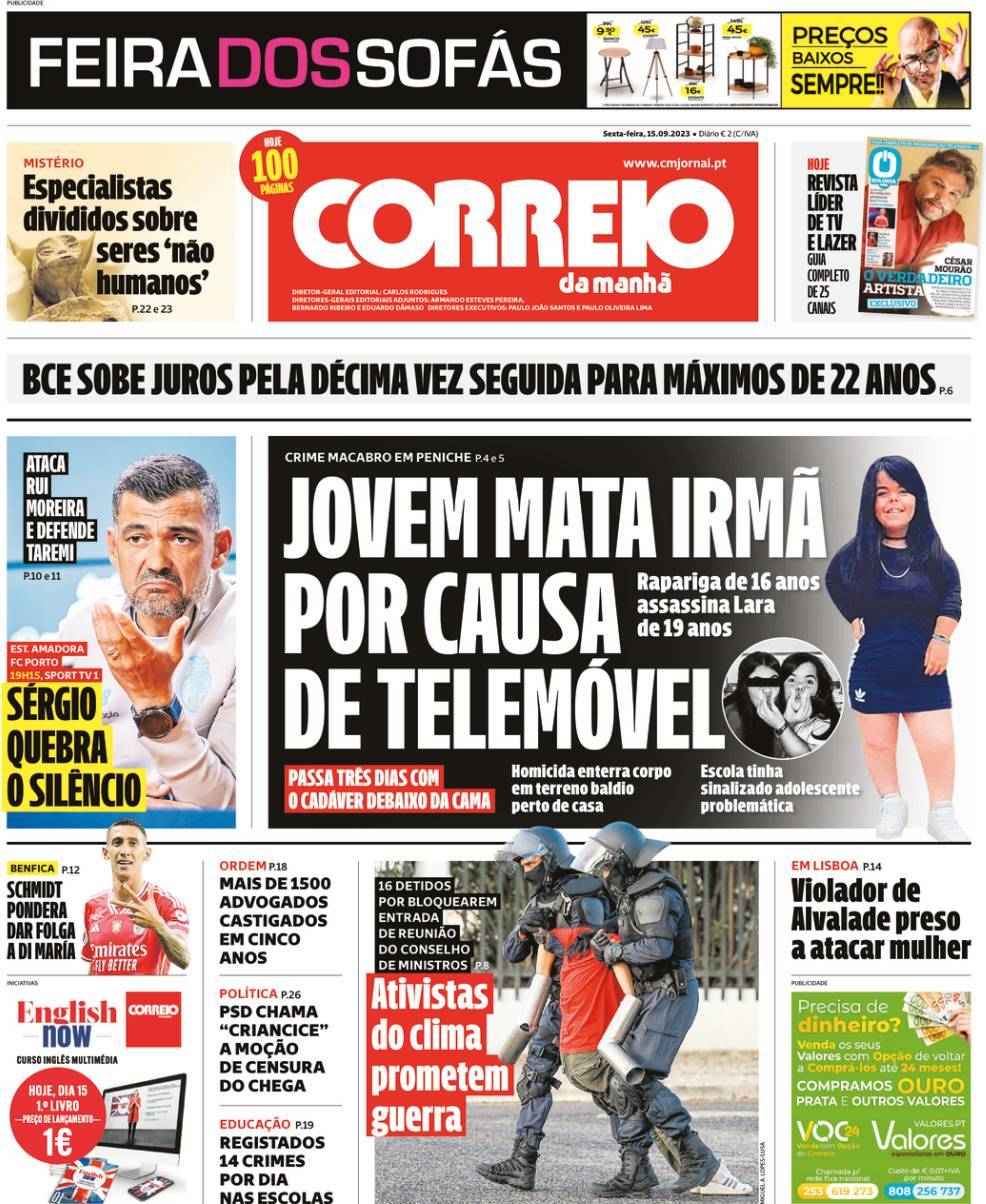 Correio da Manh&atilde;: Capa da Edi&ccedil;&atilde;o de sexta-feira, 15 de setembro 2023