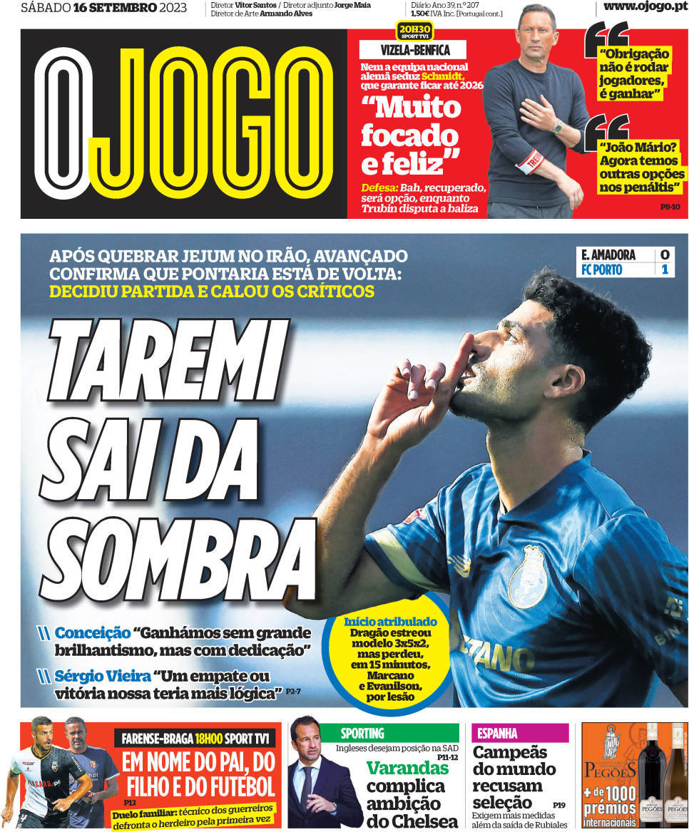 O Jogo: Capa da Edi&ccedil;&atilde;o de s&aacute;bado, 16 de setembro 2023