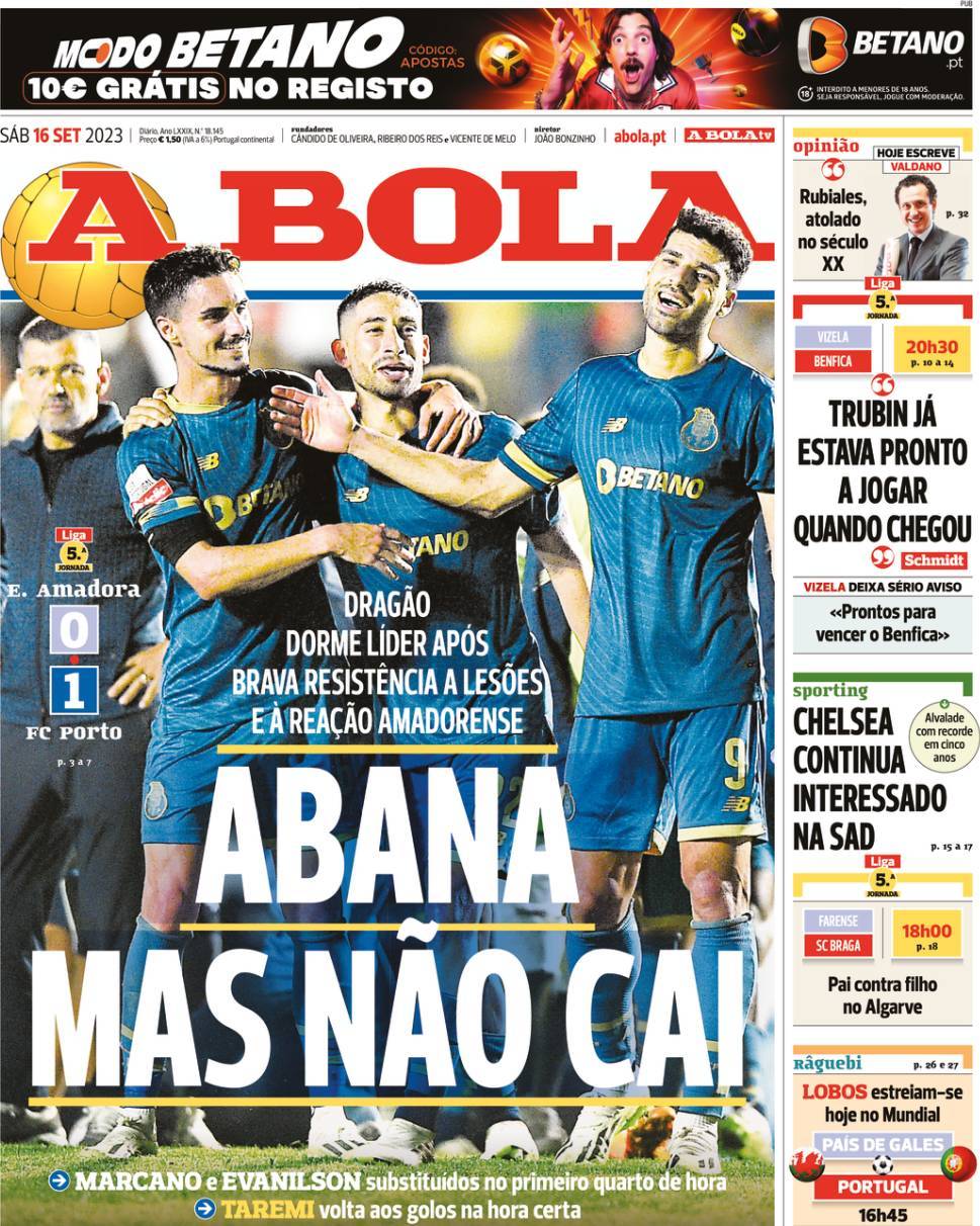 A Bola: Capa da Edi&ccedil;&atilde;o de s&aacute;bado, 16 de setembro 2023