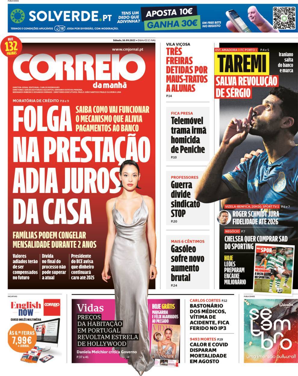 Correio da Manh&atilde;: Capa da Edi&ccedil;&atilde;o de s&aacute;bado, 16 de setembro 2023
