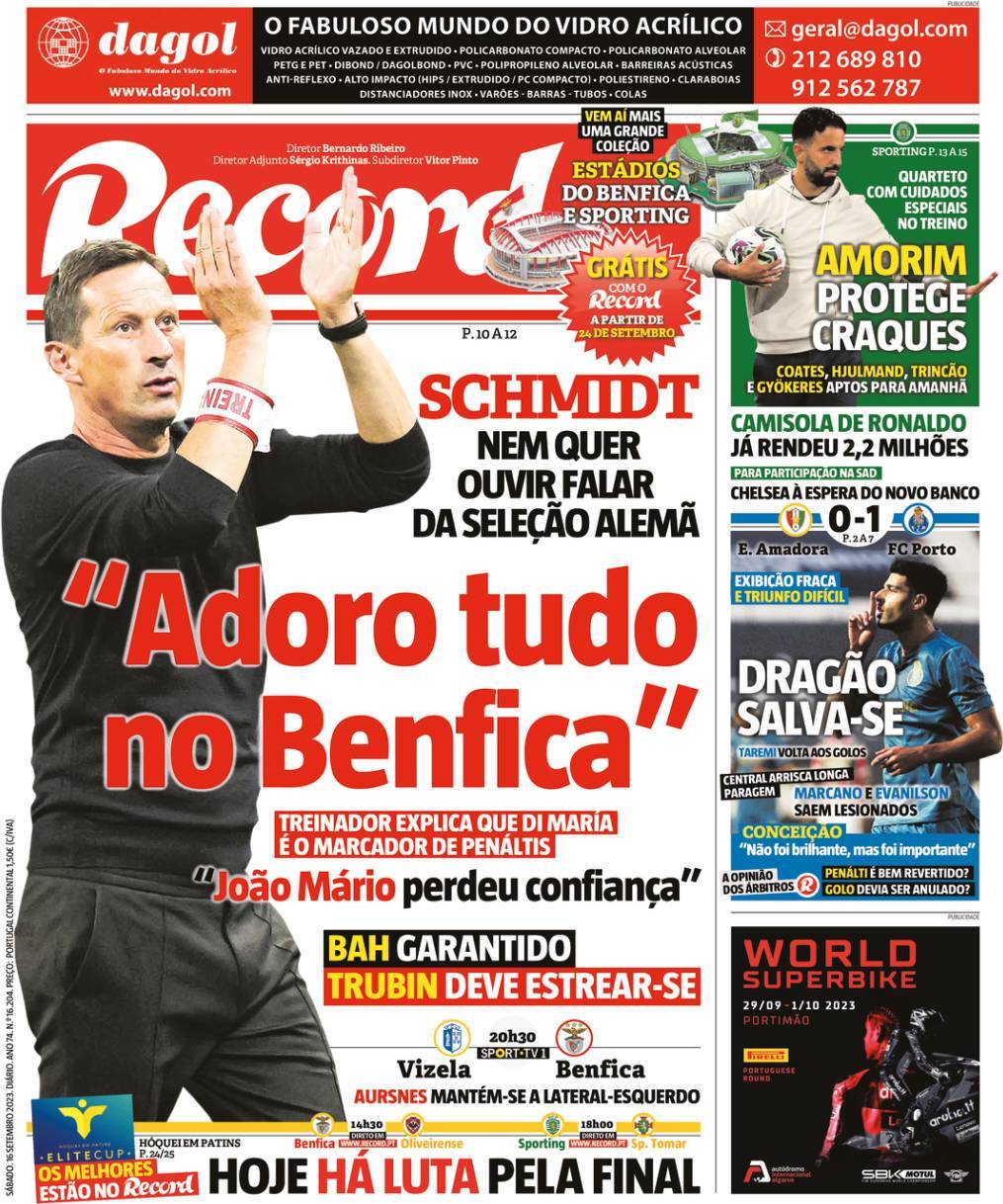 Record: Capa da Edi&ccedil;&atilde;o de s&aacute;bado, 16 de setembro 2023