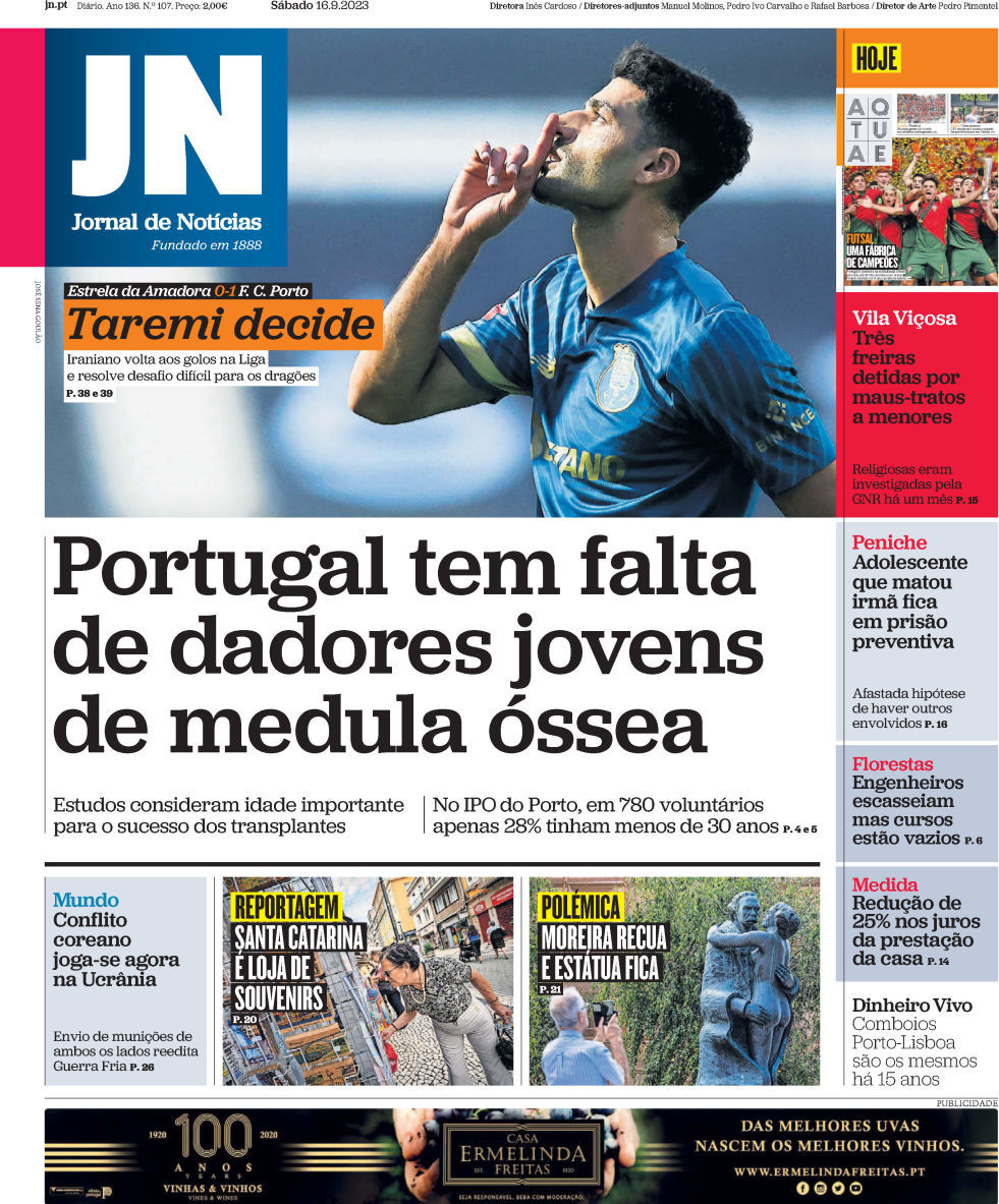 Jornal de Not&iacute;cias: Capa da Edi&ccedil;&atilde;o de s&aacute;bado, 16 de setembro 2023