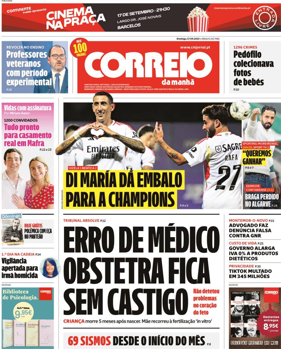 Correio da Manh&atilde;: Capa da Edi&ccedil;&atilde;o de domingo, 17 de setembro 2023