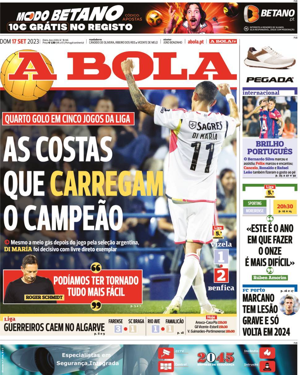 A Bola: Capa da Edi&ccedil;&atilde;o de domingo, 17 de setembro 2023