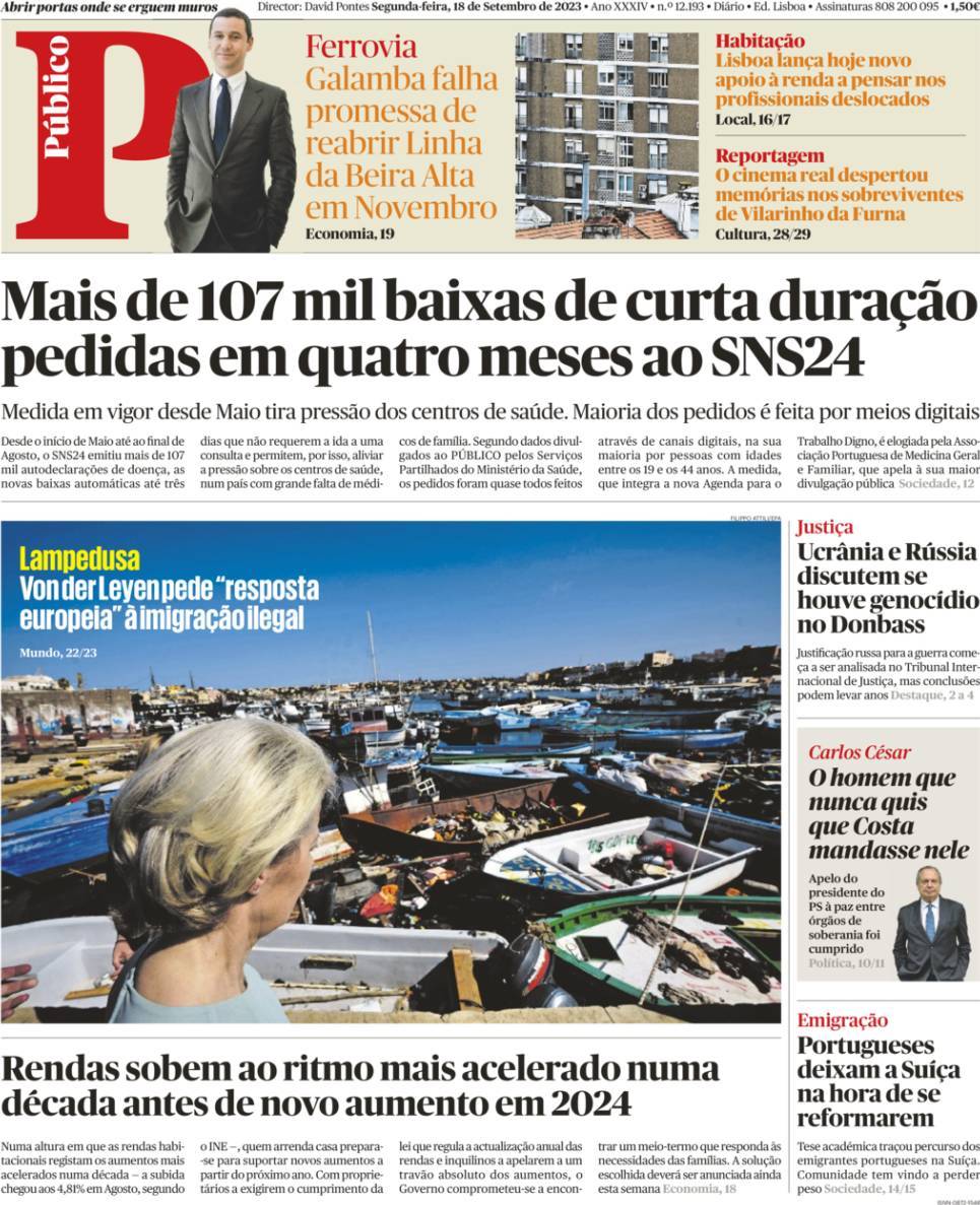P&uacute;blico: Capa da Edi&ccedil;&atilde;o de segunda-feira, 18 de setembro 2023