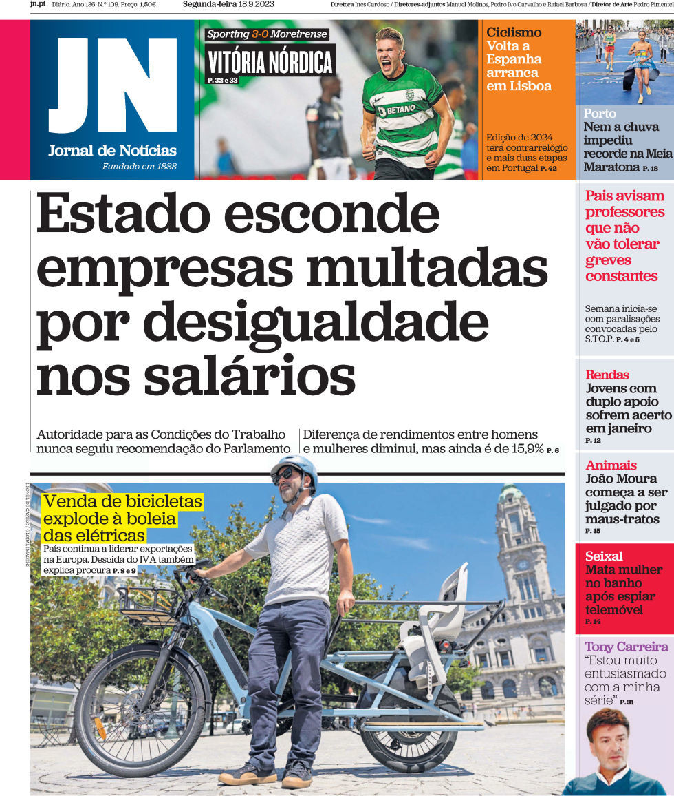 Jornal de Not&iacute;cias: Capa da Edi&ccedil;&atilde;o de segunda-feira, 18 de setembro 2023