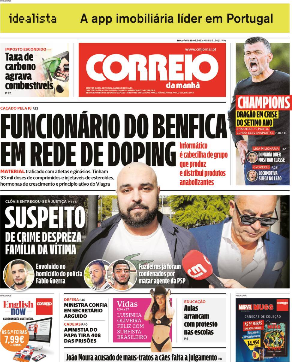 Correio da Manh&atilde;: Capa da Edi&ccedil;&atilde;o de ter&ccedil;a-feira, 19 de setembro 2023