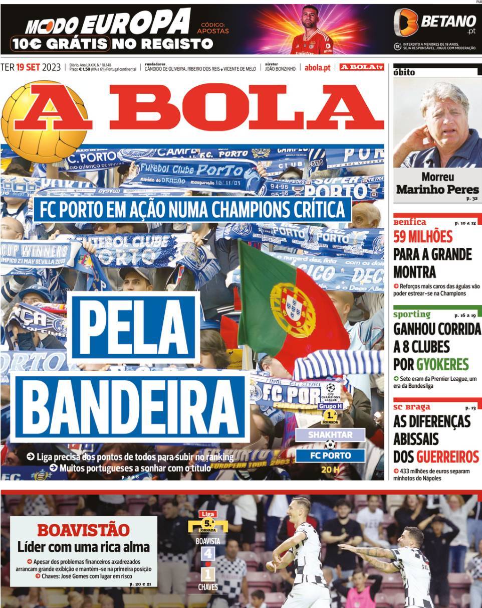 A Bola: Capa da Edi&ccedil;&atilde;o de ter&ccedil;a-feira, 19 de setembro 2023