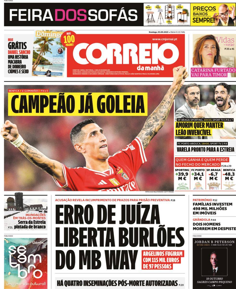 Correio da Manh&atilde;: Capa da Edi&ccedil;&atilde;o de domingo, 03 de setembro 2023