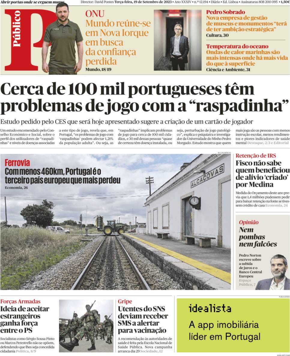P&uacute;blico: Capa da Edi&ccedil;&atilde;o de ter&ccedil;a-feira, 19 de setembro 2023