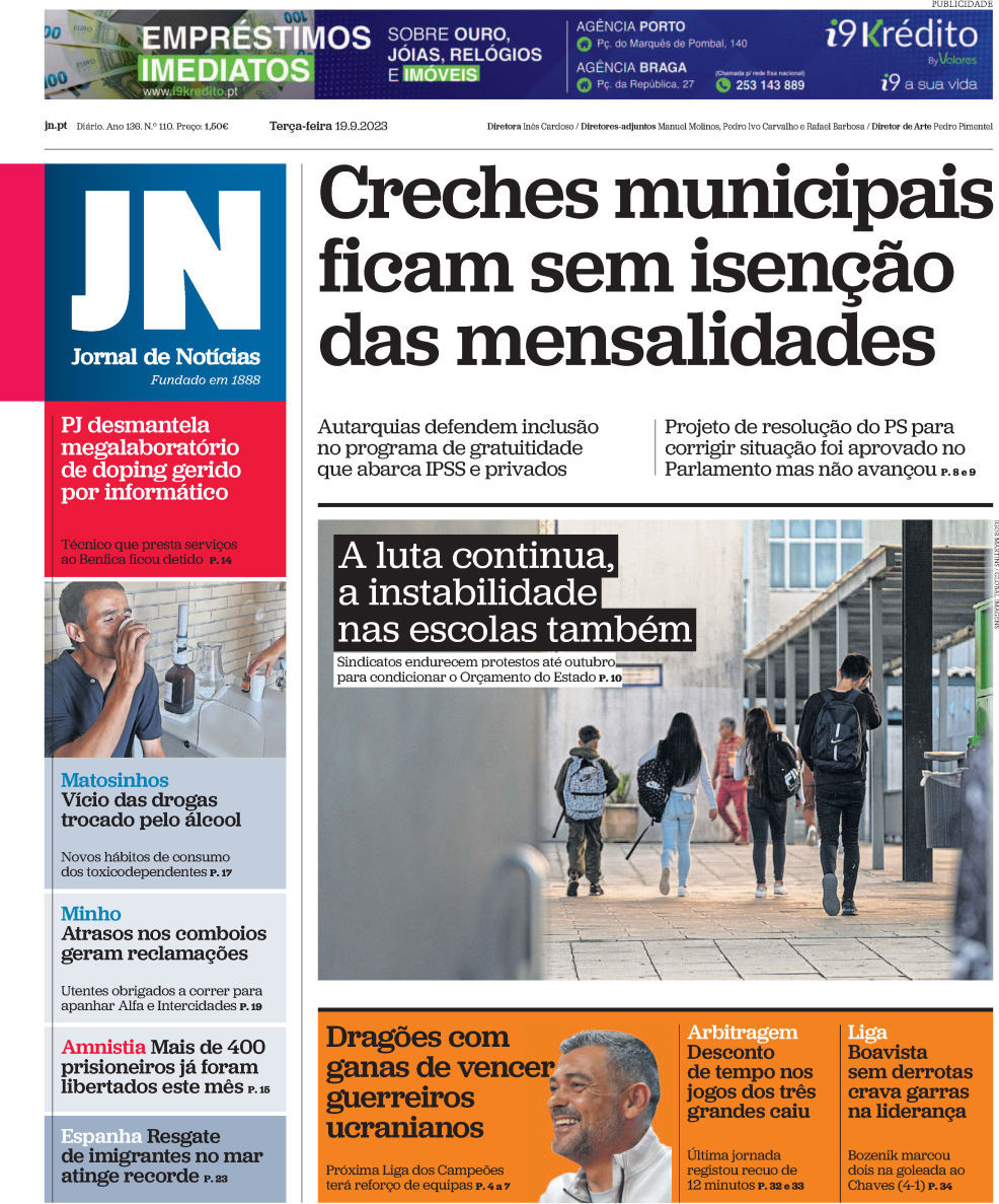 Jornal de Not&iacute;cias: Capa da Edi&ccedil;&atilde;o de ter&ccedil;a-feira, 19 de setembro 2023