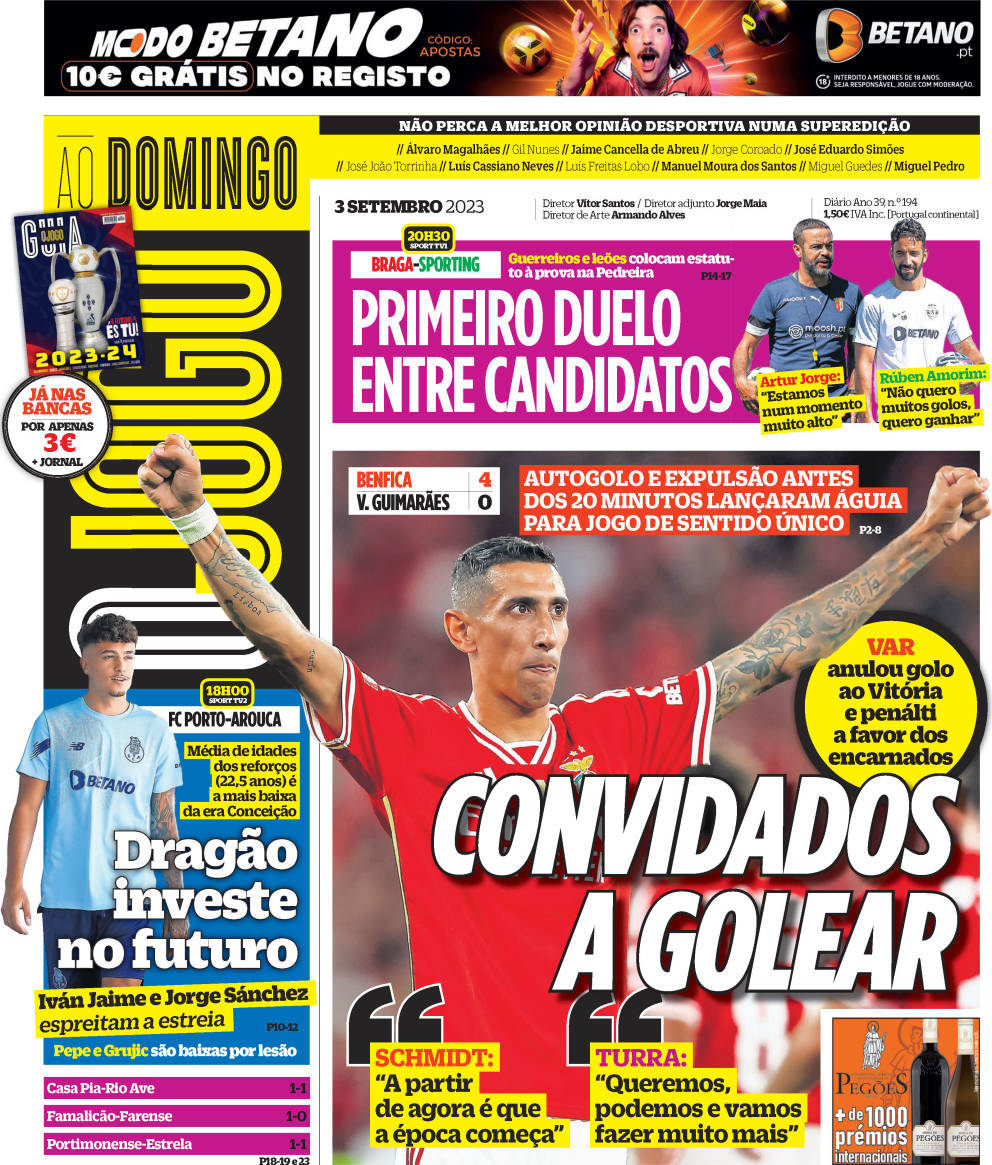 O Jogo: Capa da Edi&ccedil;&atilde;o de domingo, 03 de setembro 2023