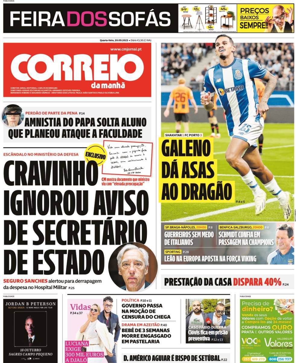 Correio da Manh&atilde;: Capa da Edi&ccedil;&atilde;o de quarta-feira, 20 de setembro 2023
