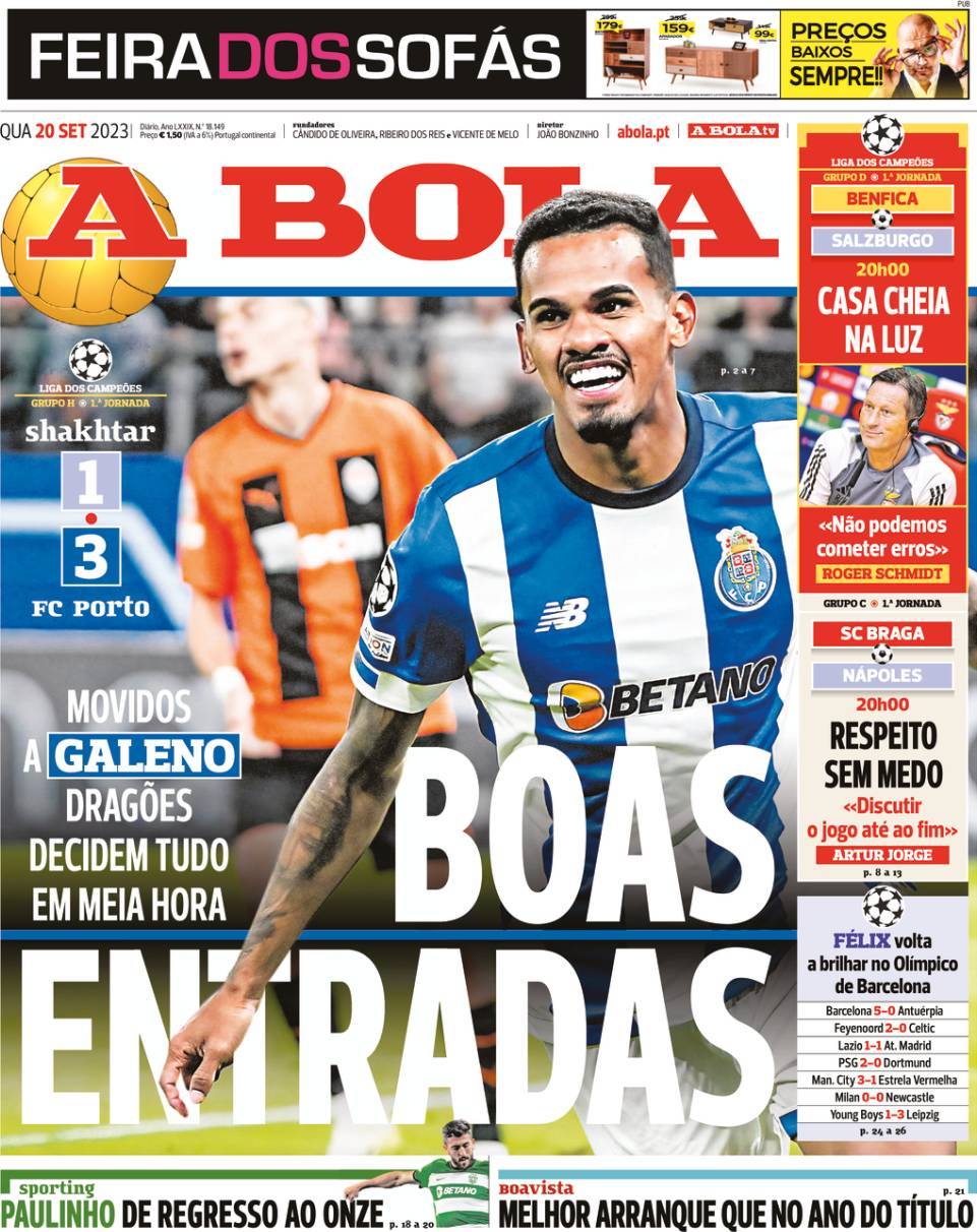 A Bola: Capa da Edi&ccedil;&atilde;o de quarta-feira, 20 de setembro 2023