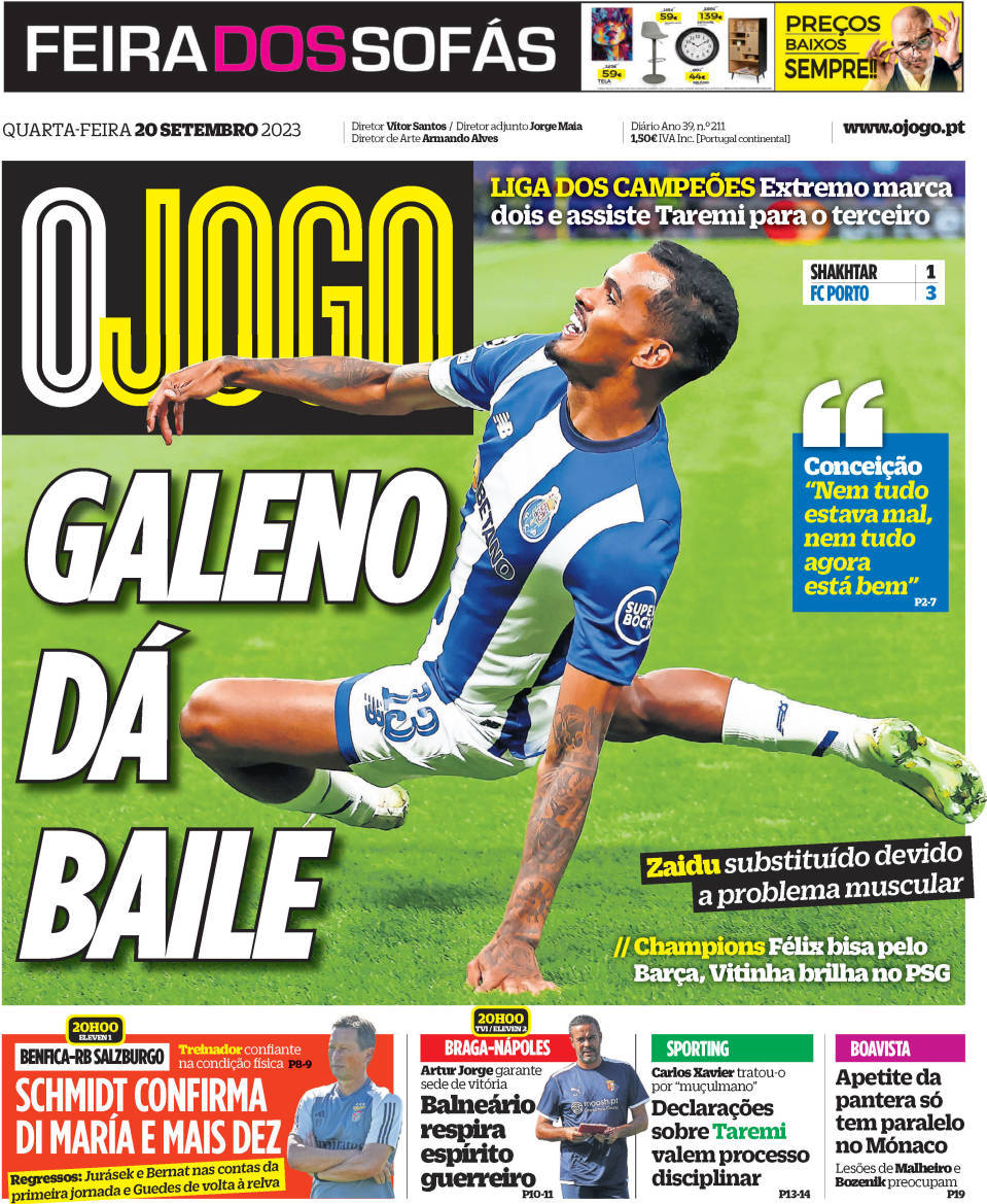 O Jogo: Capa da Edi&ccedil;&atilde;o de quarta-feira, 20 de setembro 2023