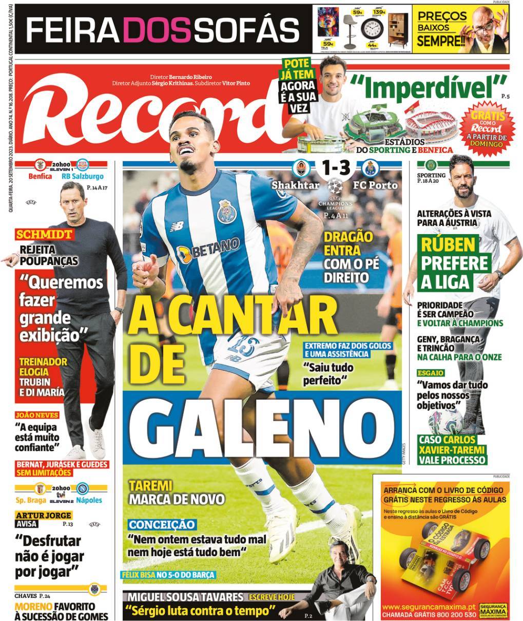 Record: Capa da Edi&ccedil;&atilde;o de quarta-feira, 20 de setembro 2023