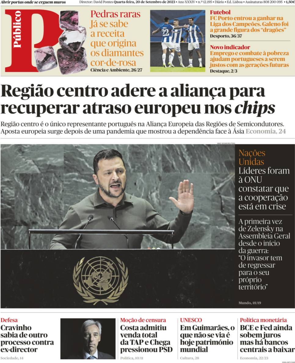 P&uacute;blico: Capa da Edi&ccedil;&atilde;o de quarta-feira, 20 de setembro 2023