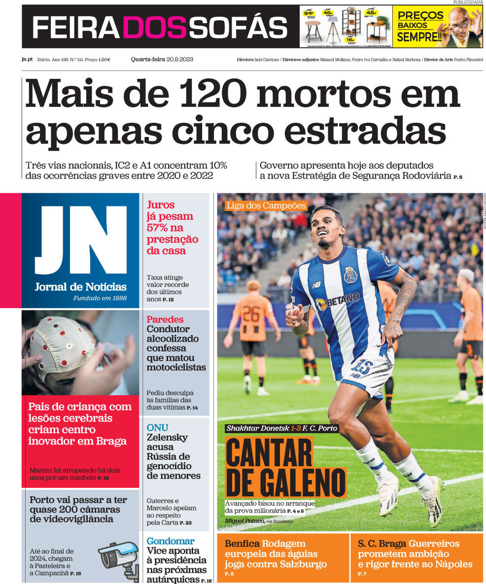 Jornal de Not&iacute;cias: Capa da Edi&ccedil;&atilde;o de quarta-feira, 20 de setembro 2023