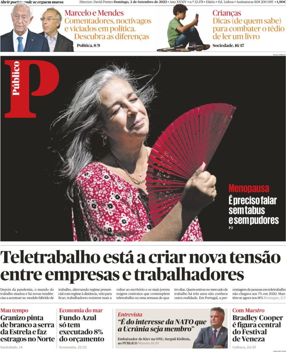 P&uacute;blico: Capa da Edi&ccedil;&atilde;o de domingo, 03 de setembro 2023