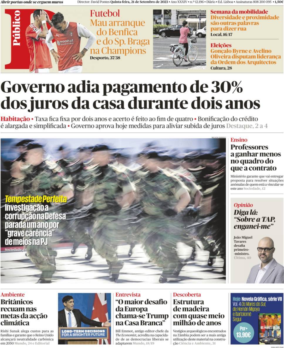 P&uacute;blico: Capa da Edi&ccedil;&atilde;o de quinta-feira, 21 de setembro 2023