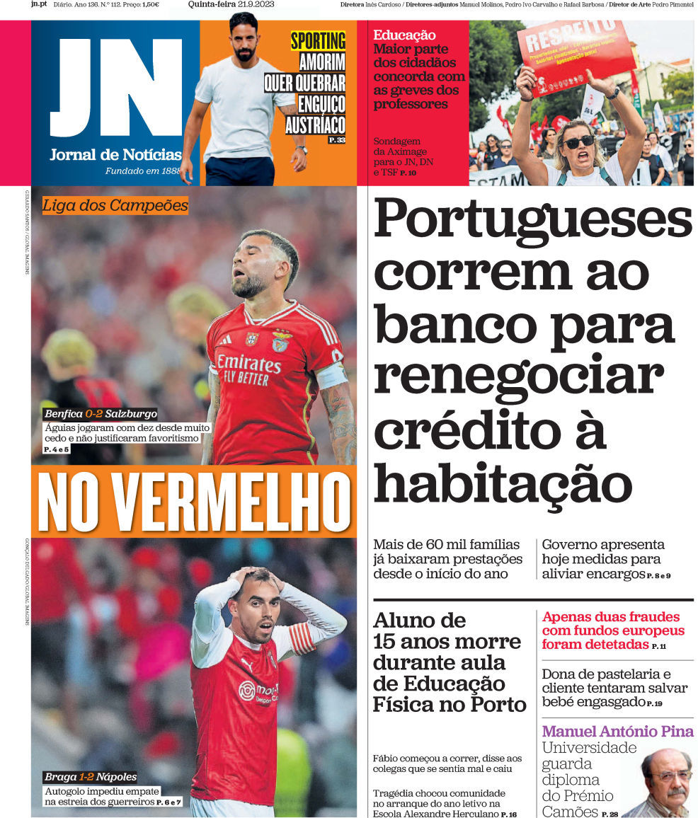 Jornal de Not&iacute;cias: Capa da Edi&ccedil;&atilde;o de quinta-feira, 21 de setembro 2023