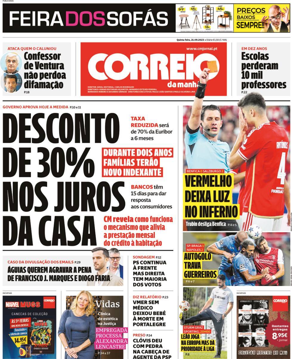 Correio da Manh&atilde;: Capa da Edi&ccedil;&atilde;o de quinta-feira, 21 de setembro 2023