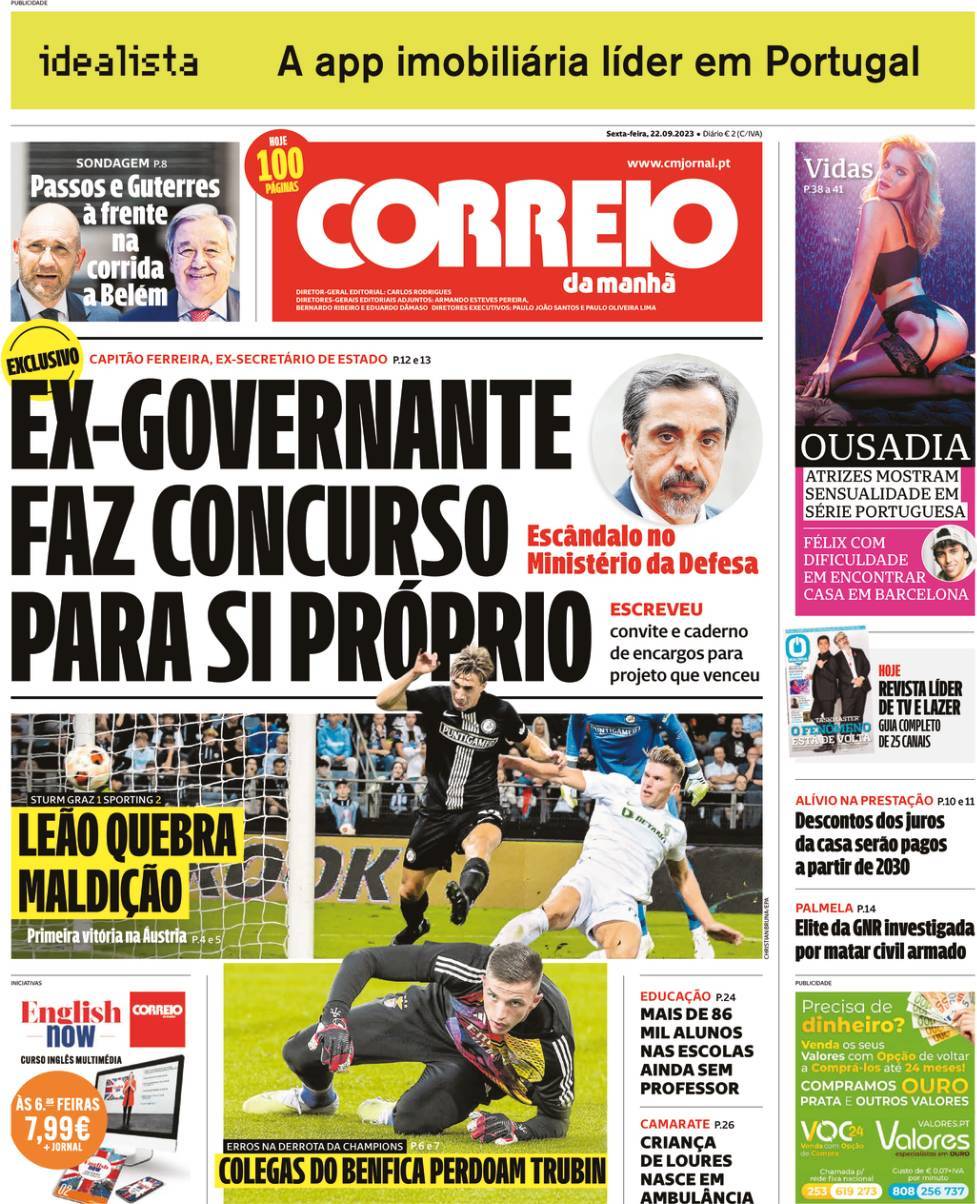 Correio da Manh&atilde;: Capa da Edi&ccedil;&atilde;o de sexta-feira, 22 de setembro 2023