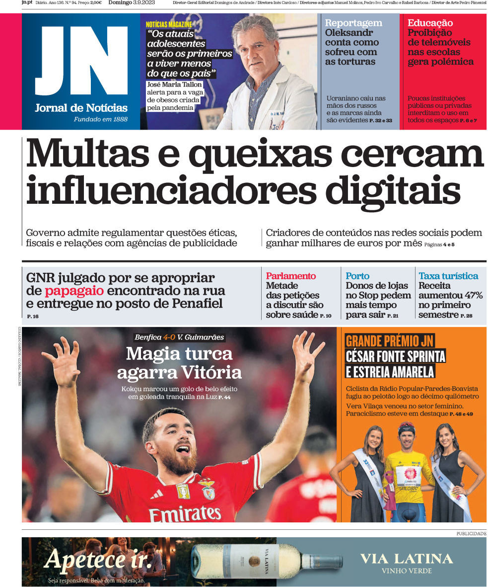 Jornal de Not&iacute;cias: Capa da Edi&ccedil;&atilde;o de domingo, 03 de setembro 2023