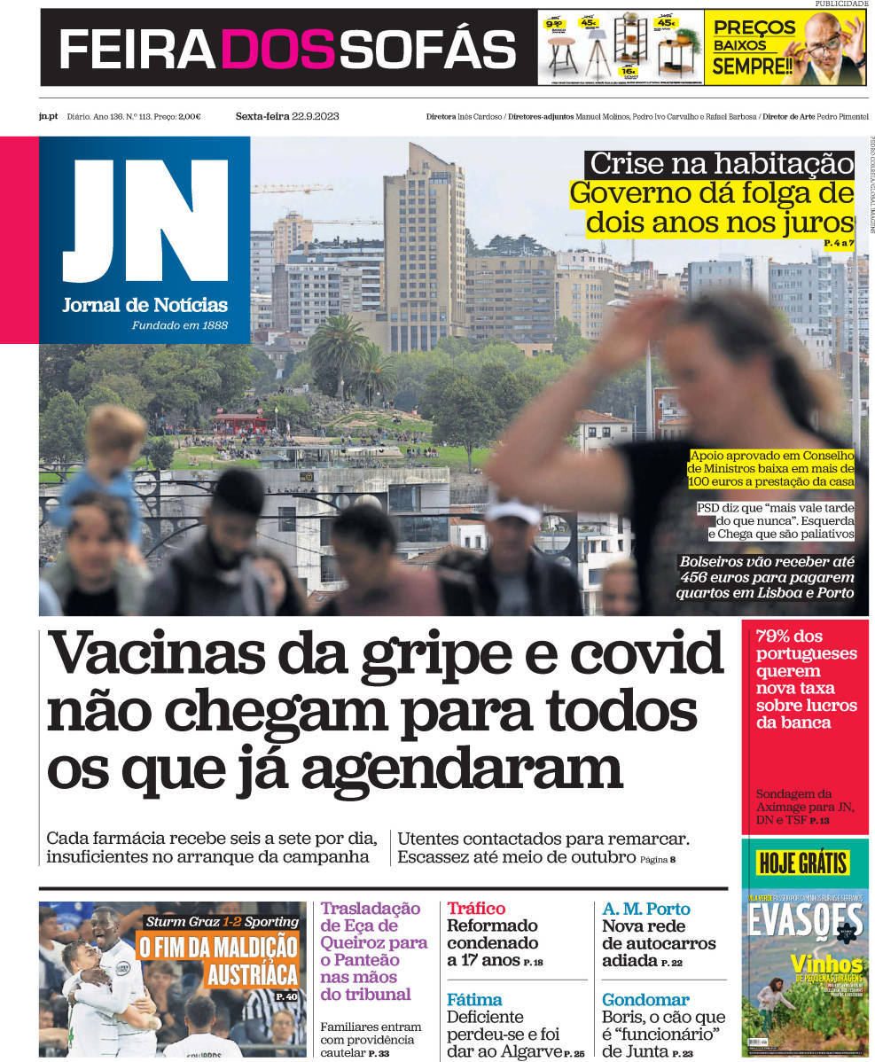Jornal de Not&iacute;cias: Capa da Edi&ccedil;&atilde;o de sexta-feira, 22 de setembro 2023
