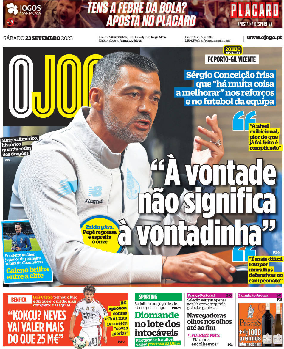 O Jogo: Capa da Edi&ccedil;&atilde;o de s&aacute;bado, 23 de setembro 2023