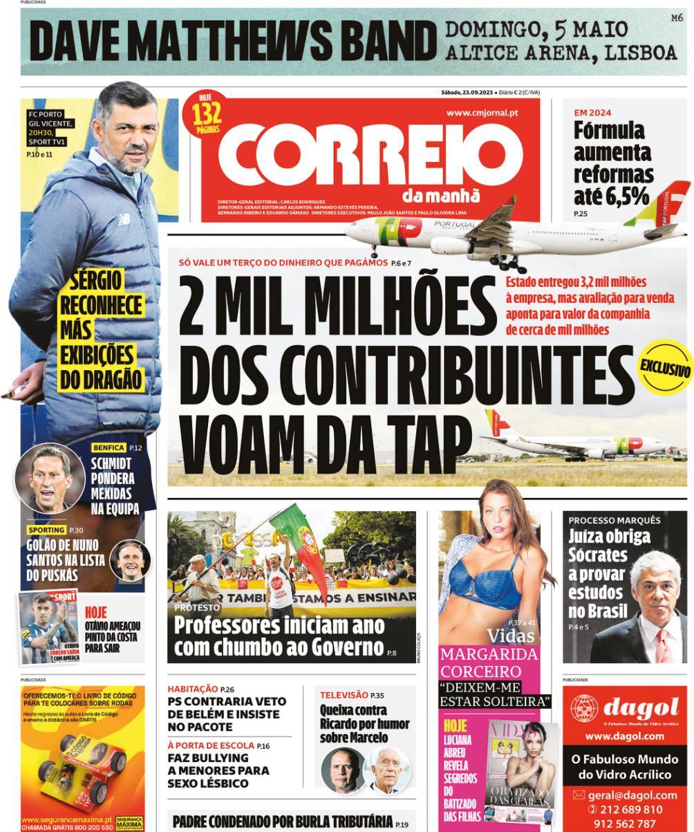 Correio da Manh&atilde;: Capa da Edi&ccedil;&atilde;o de s&aacute;bado, 23 de setembro 2023