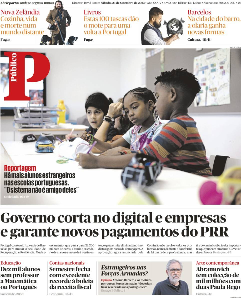 P&uacute;blico: Capa da Edi&ccedil;&atilde;o de s&aacute;bado, 23 de setembro 2023