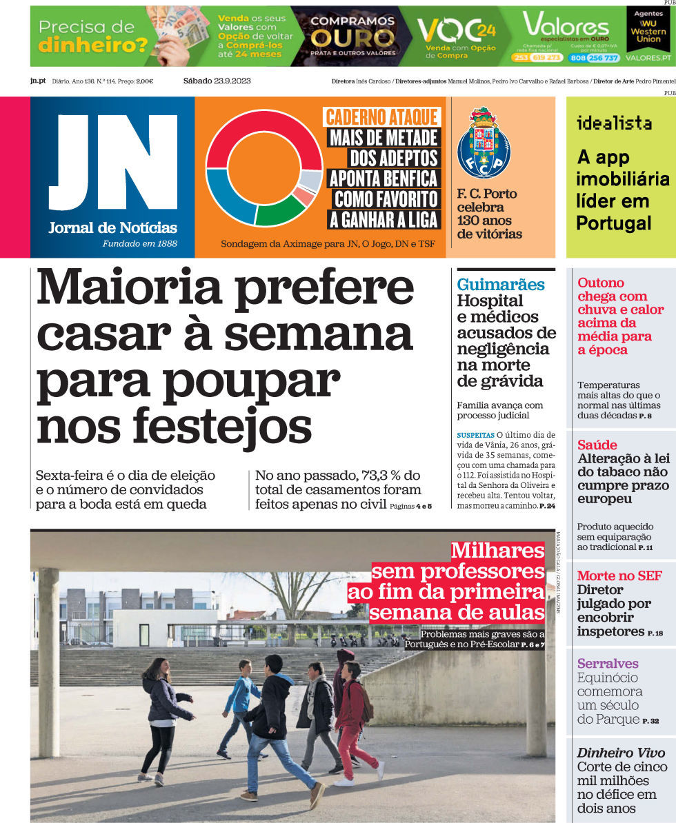 Jornal de Not&iacute;cias: Capa da Edi&ccedil;&atilde;o de s&aacute;bado, 23 de setembro 2023
