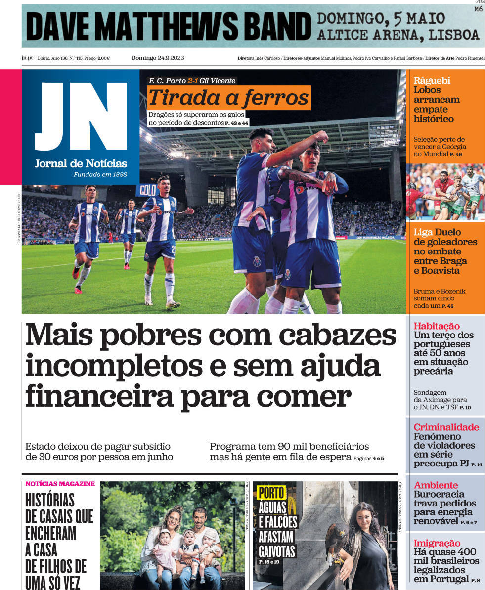 Jornal de Not&iacute;cias: Capa da Edi&ccedil;&atilde;o de domingo, 24 de setembro 2023