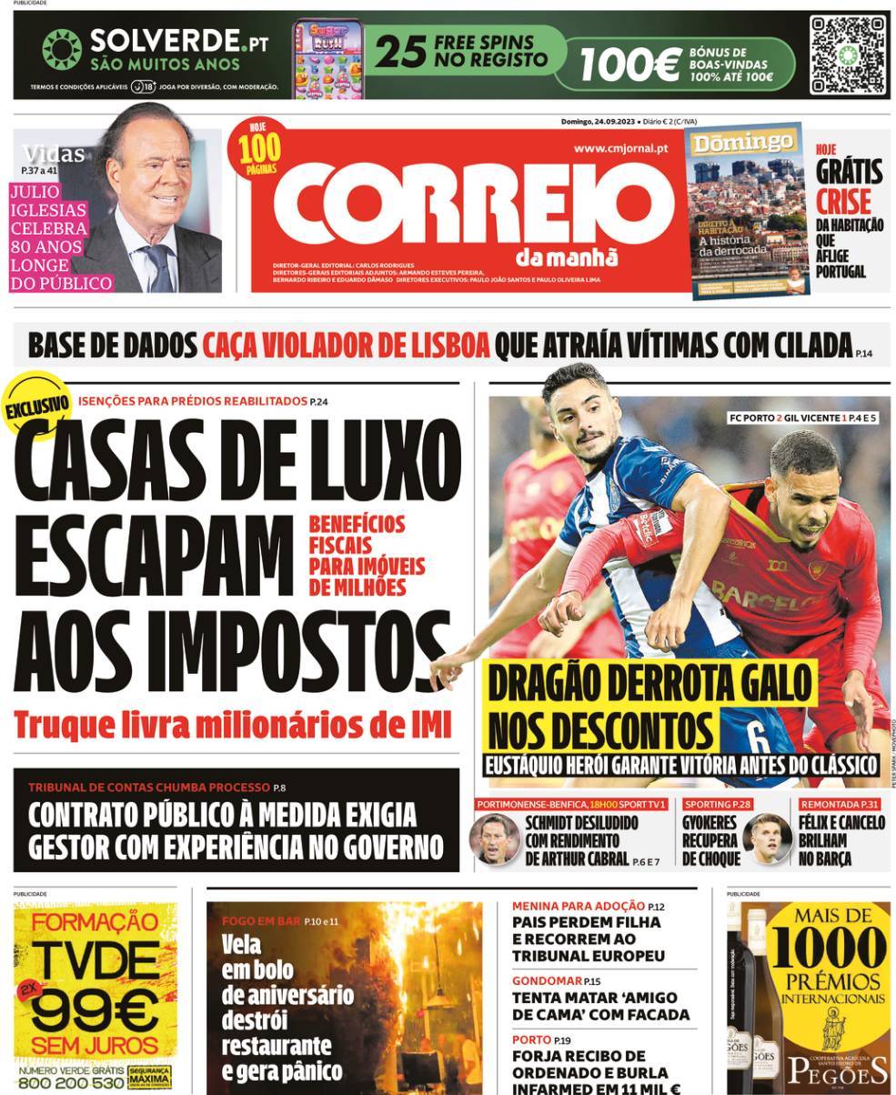 Correio da Manh&atilde;: Capa da Edi&ccedil;&atilde;o de domingo, 24 de setembro 2023