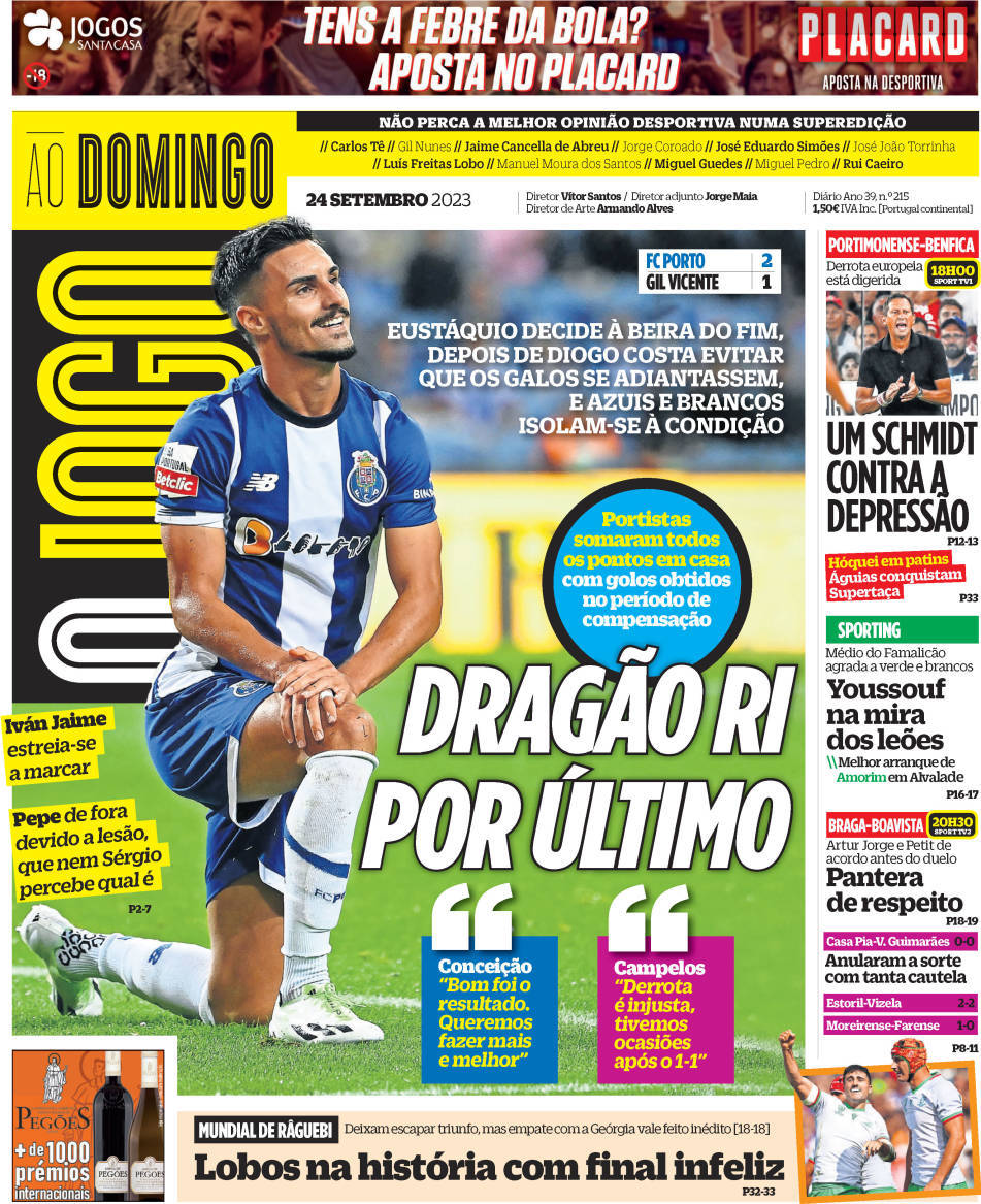 O Jogo: Capa da Edi&ccedil;&atilde;o de domingo, 24 de setembro 2023