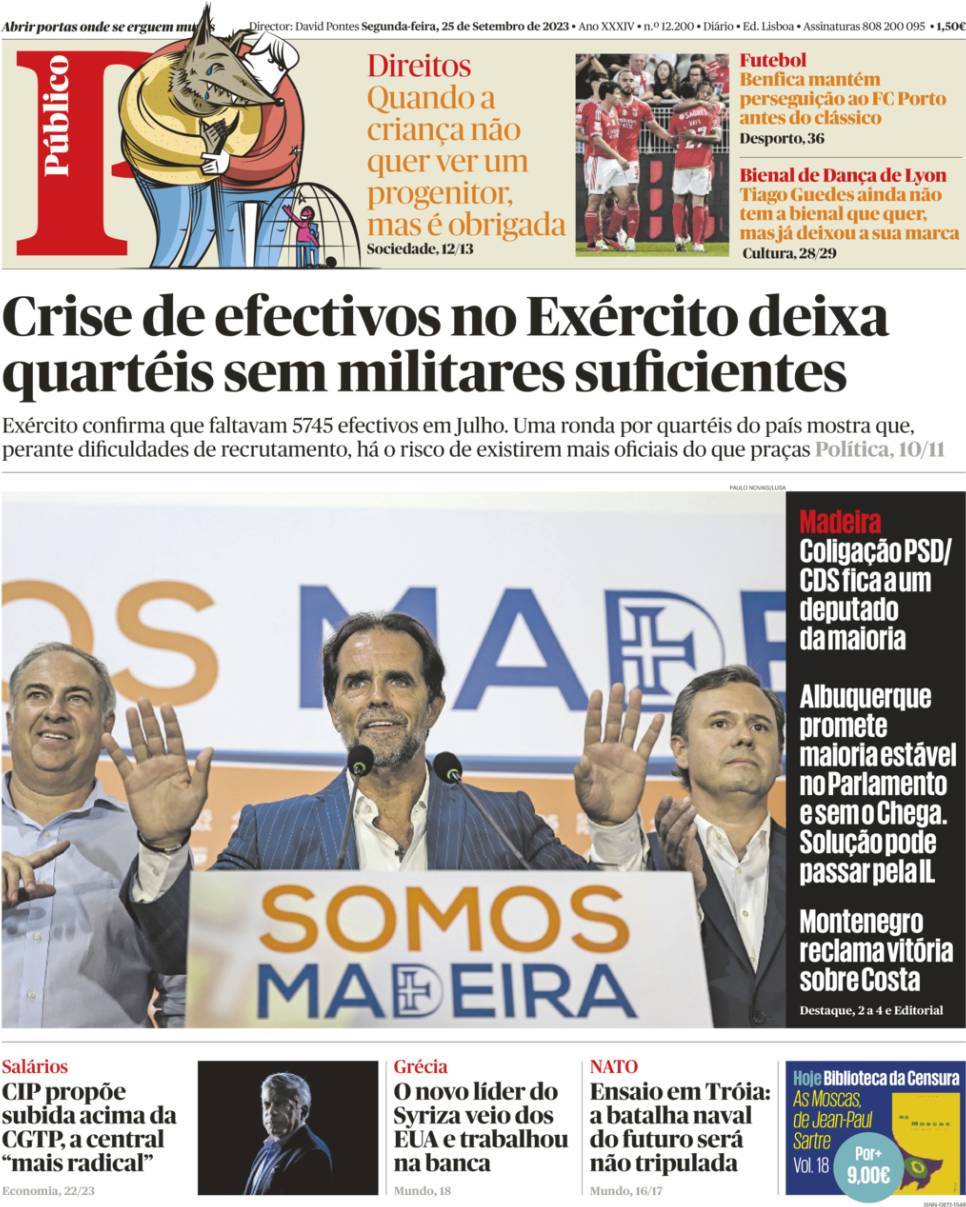 P&uacute;blico: Capa da Edi&ccedil;&atilde;o de segunda-feira, 25 de setembro 2023