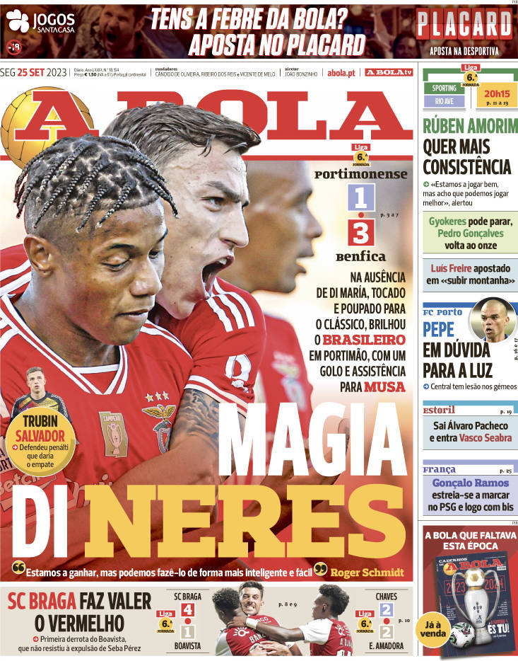 A Bola: Capa da Edi&ccedil;&atilde;o de segunda-feira, 25 de setembro 2023