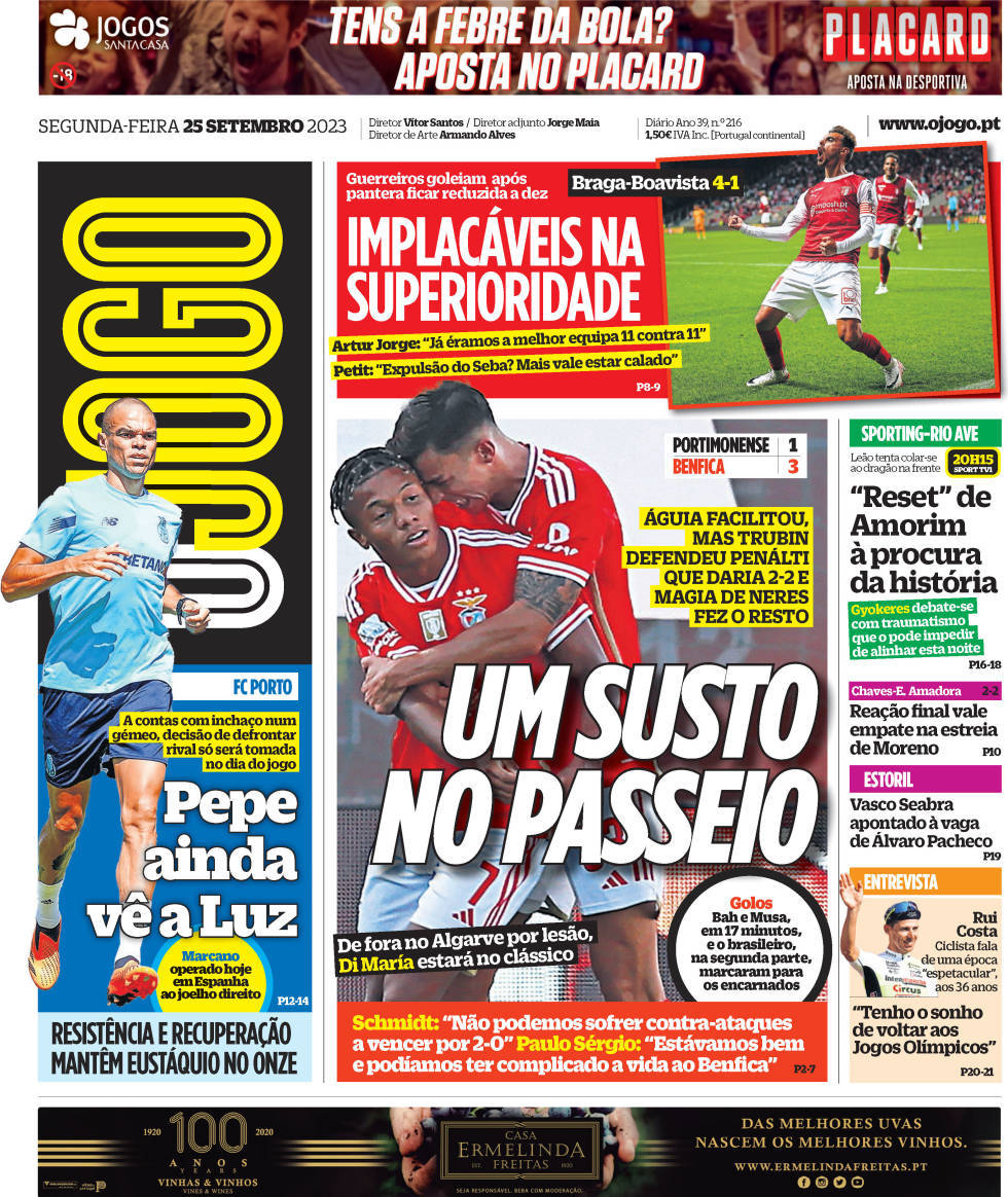 O Jogo: Capa da Edi&ccedil;&atilde;o de segunda-feira, 25 de setembro 2023