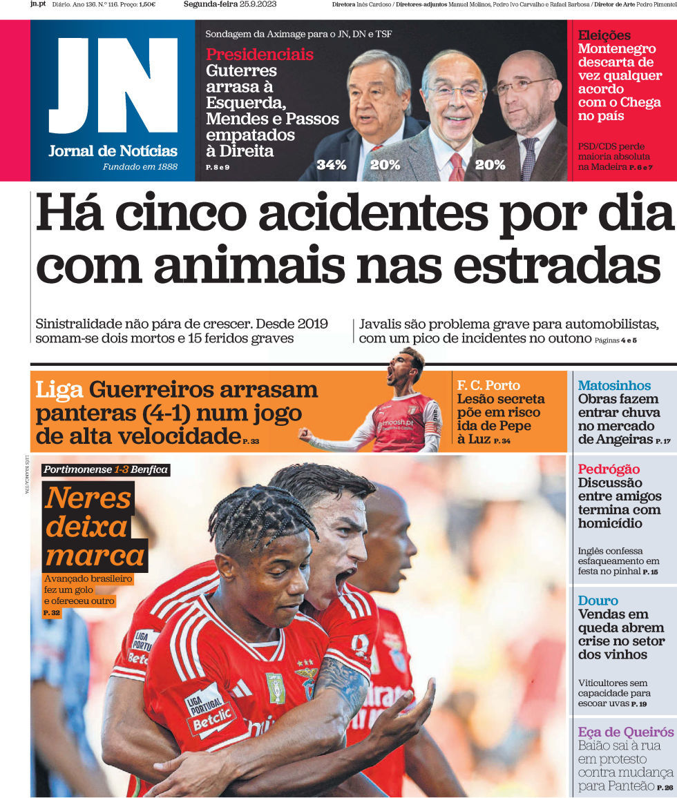 Jornal de Not&iacute;cias: Capa da Edi&ccedil;&atilde;o de segunda-feira, 25 de setembro 2023