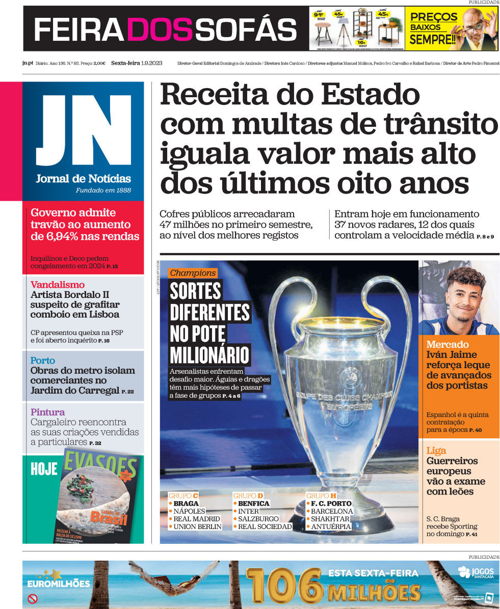 Jornal de Not&iacute;cias: Capa da Edi&ccedil;&atilde;o de sexta-feira, 01 de setembro 2023
