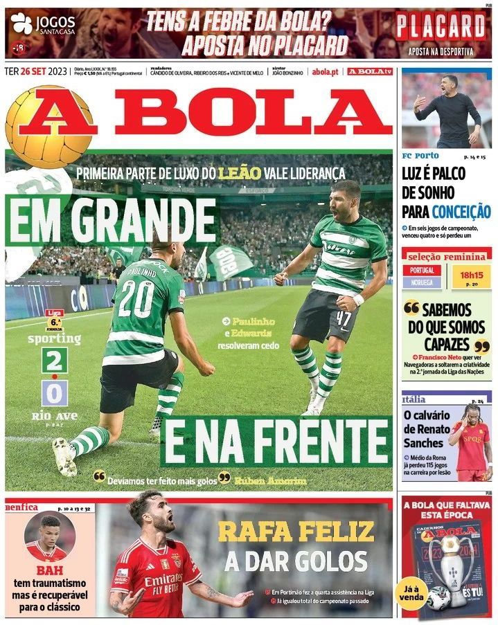 A Bola: Capa da Edi&ccedil;&atilde;o de ter&ccedil;a-feira, 26 de setembro 2023