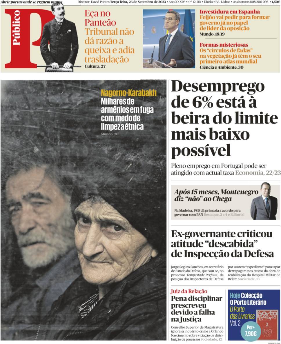 P&uacute;blico: Capa da Edi&ccedil;&atilde;o de ter&ccedil;a-feira, 26 de setembro 2023