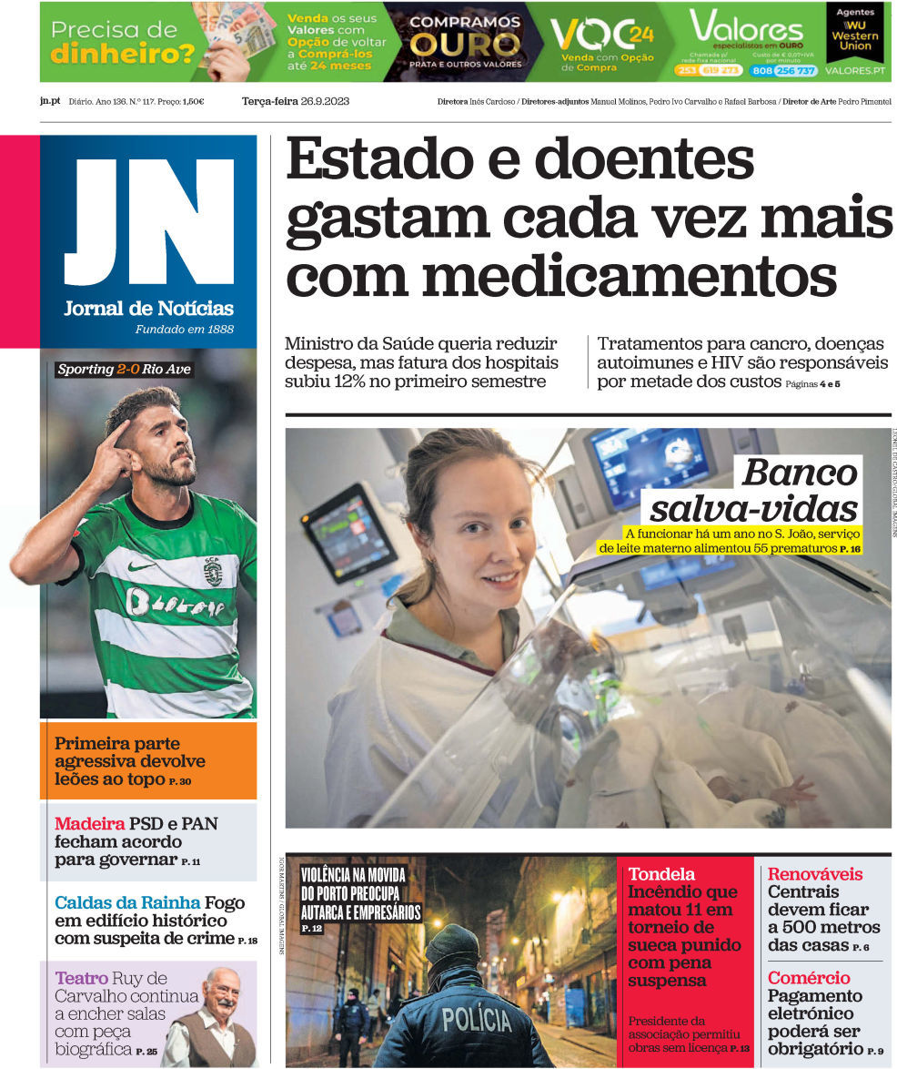Jornal de Not&iacute;cias: Capa da Edi&ccedil;&atilde;o de ter&ccedil;a-feira, 26 de setembro 2023