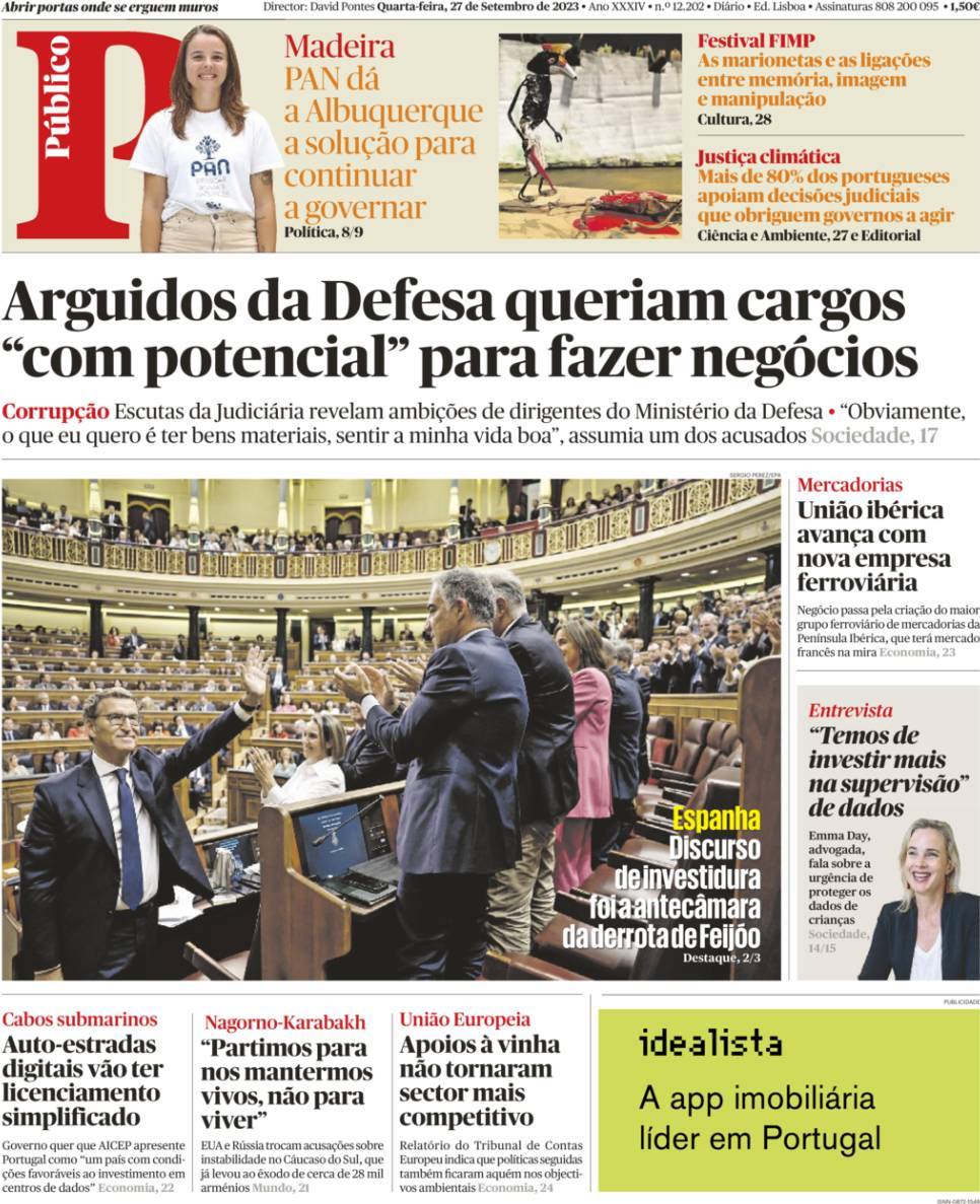 P&uacute;blico: Capa da Edi&ccedil;&atilde;o de quarta-feira, 27 de setembro 2023