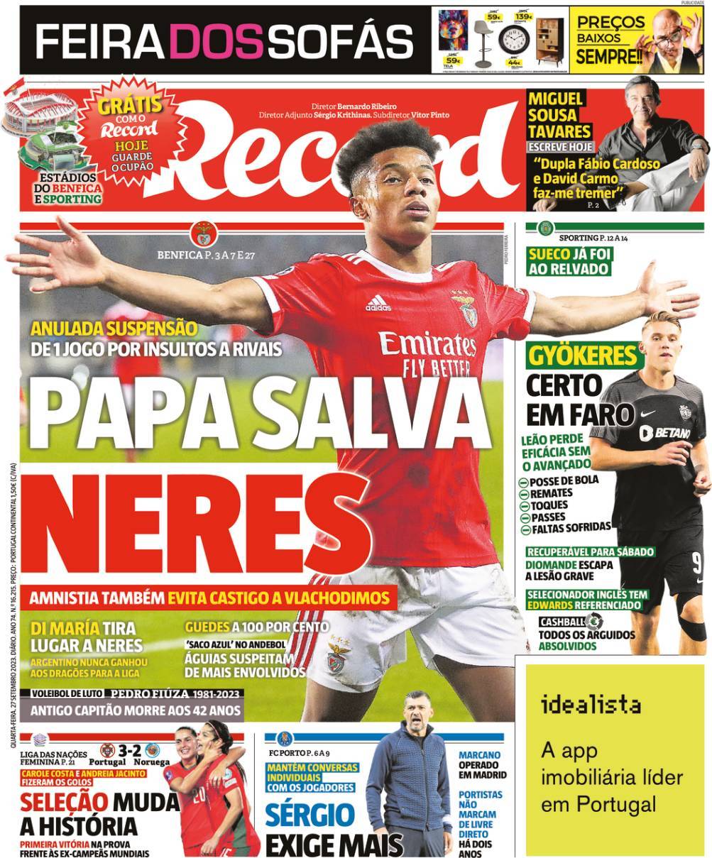 Record: Capa da Edi&ccedil;&atilde;o de quarta-feira, 27 de setembro 2023