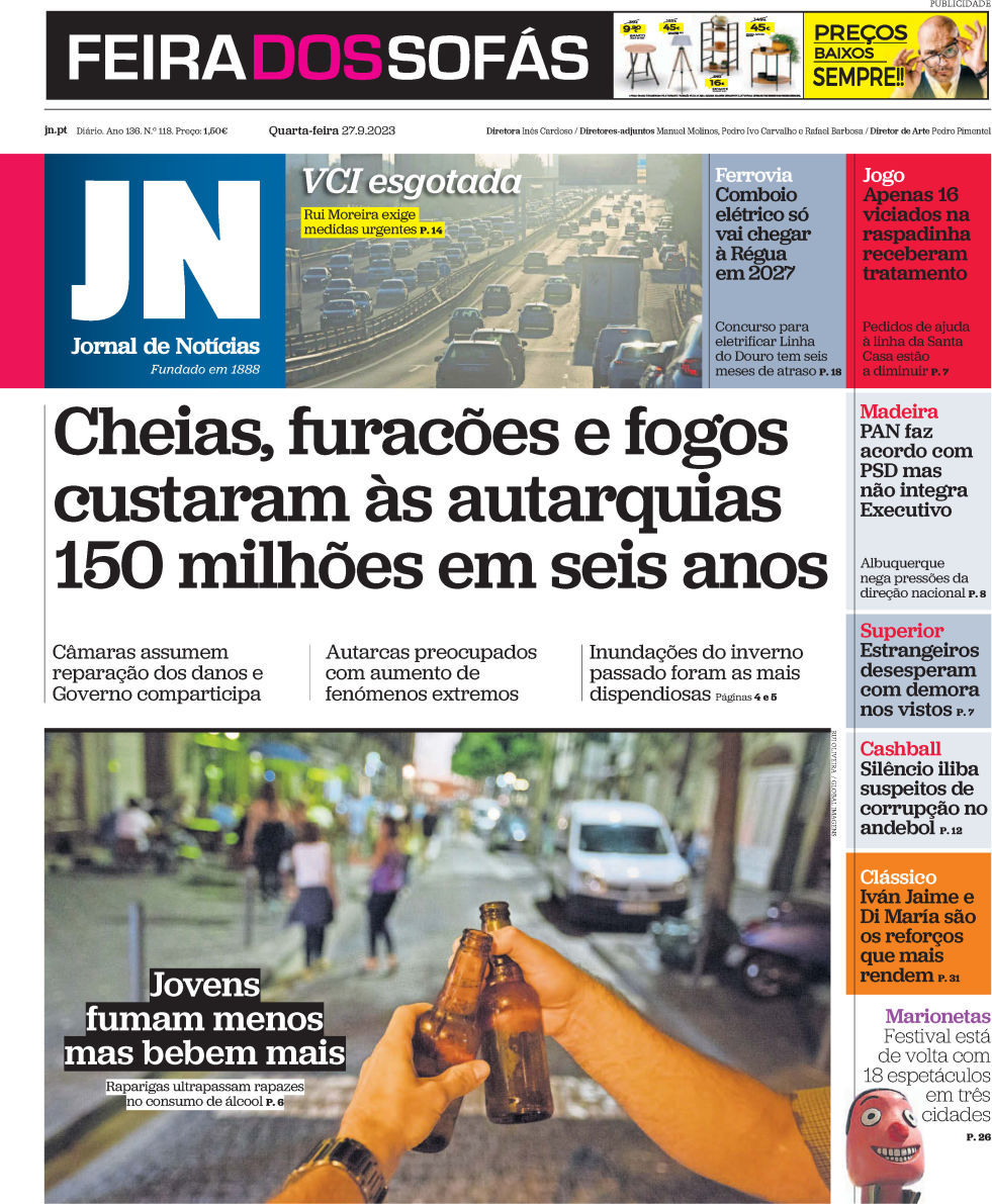 Jornal de Not&iacute;cias: Capa da Edi&ccedil;&atilde;o de quarta-feira, 27 de setembro 2023