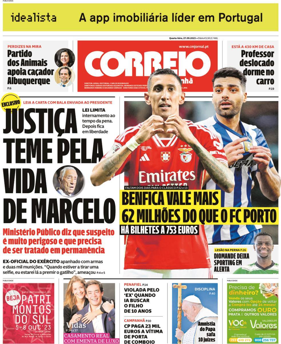 Correio da Manh&atilde;: Capa da Edi&ccedil;&atilde;o de quarta-feira, 27 de setembro 2023